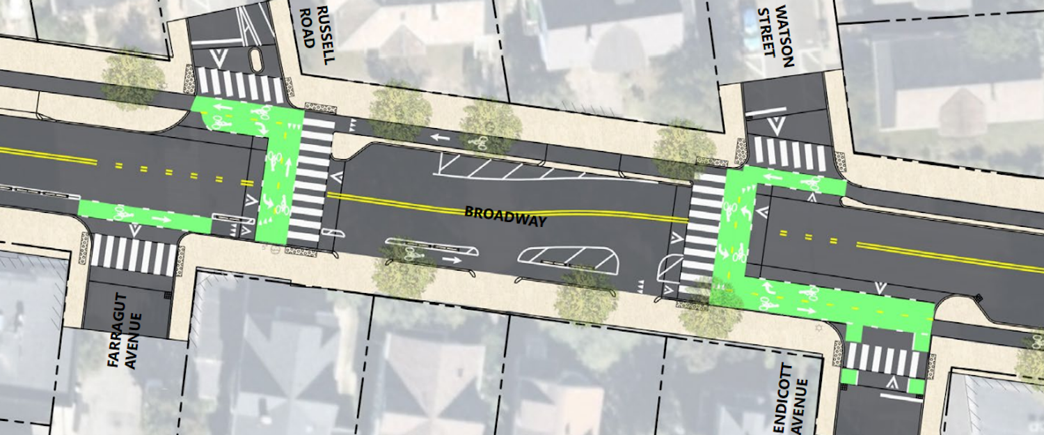 Option 2 includes two new raised crossings across Broadway at Russell Road and Watson Street, with bicycle crossing markings. One on-street parking space is proposed on the north side of Broadway between Watson Street and Russell Road.