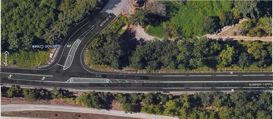 Overhead image of existing Sumner-Tapps Highway with lines overlaid showing new channelization of lanes. 