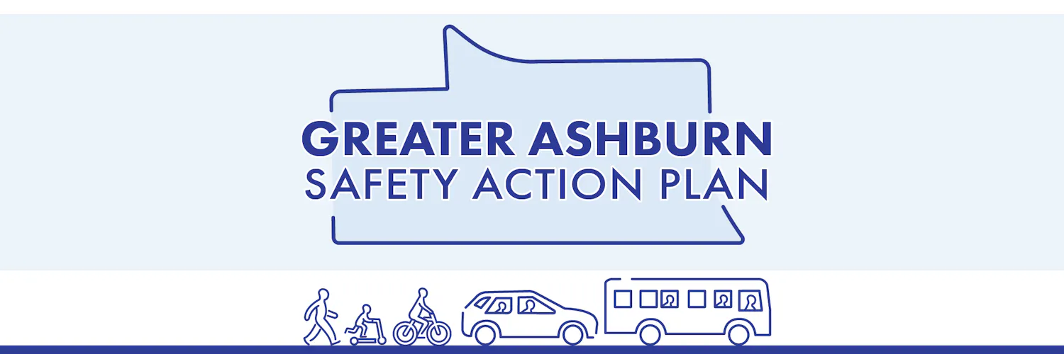 'Greater Ashburn safety action plan,' image with icons below of a pedestrian, wheelchair user, cyclist, car and bus.
