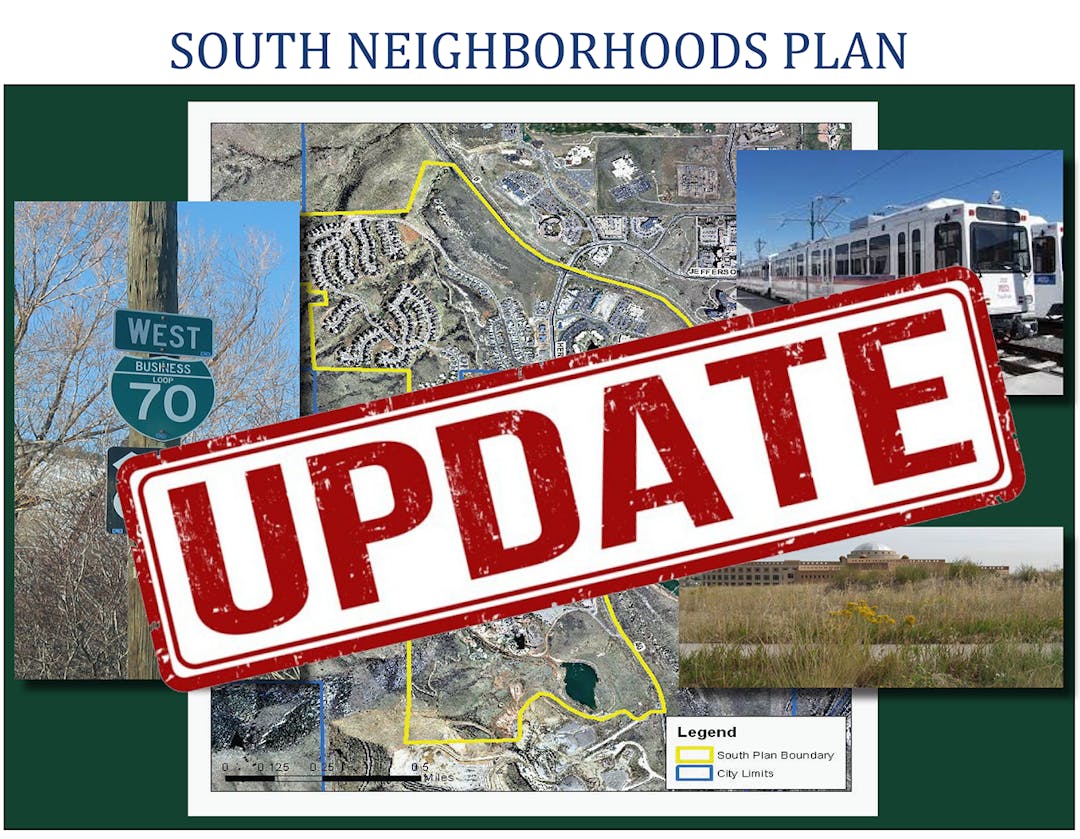 South Neighborhoods Plan Update document cover with a map of the area and pictures of I70 and the light rail.