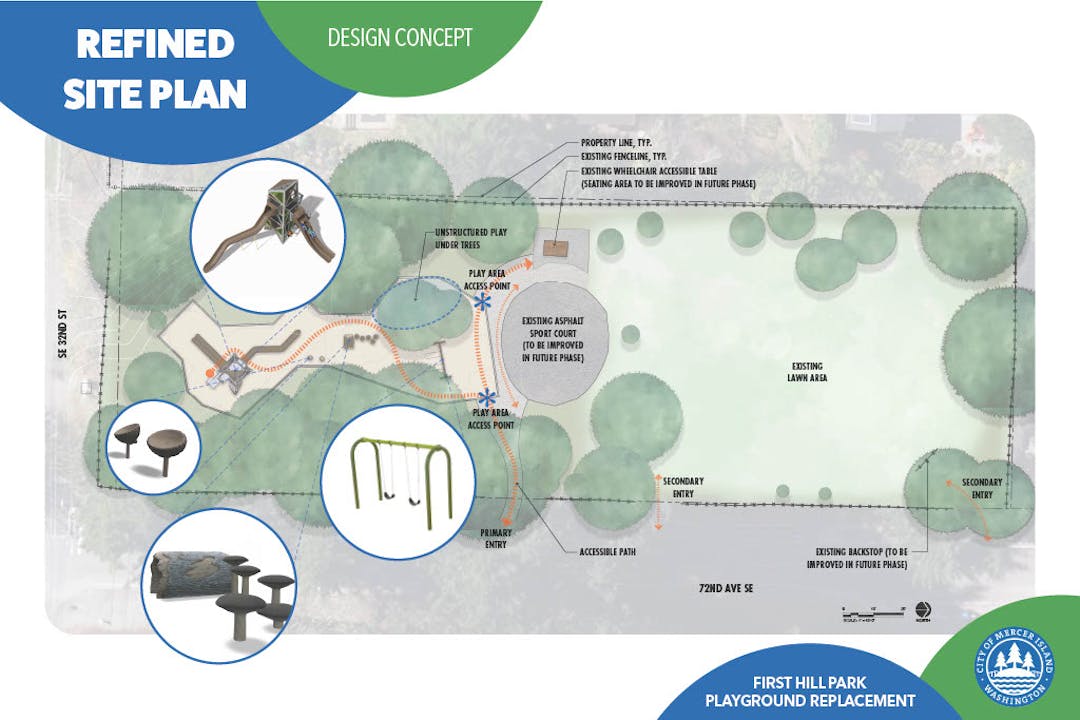 A playground renovation site plan shows a climbing structure with two slides, swing set, and free-standing play elements