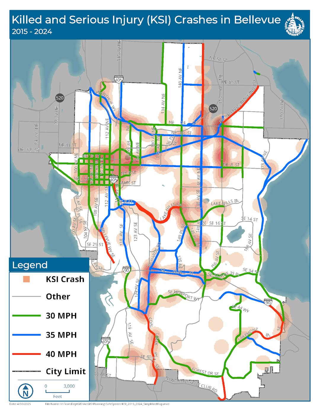 A map showing crashes where people were killed or seriously injured on Bellevue streets plus 30+ mph speed limits.