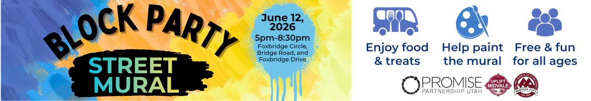 Block Party Street Mural banner. Event on June 12, 2026, from 5pm-8:30pm at Foxbridge Circle. Includes food, mural painting, 