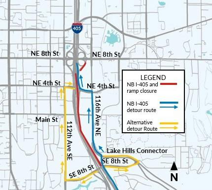 Northbound I-405 closure detour (SE Eighth St to NE Fourth St)