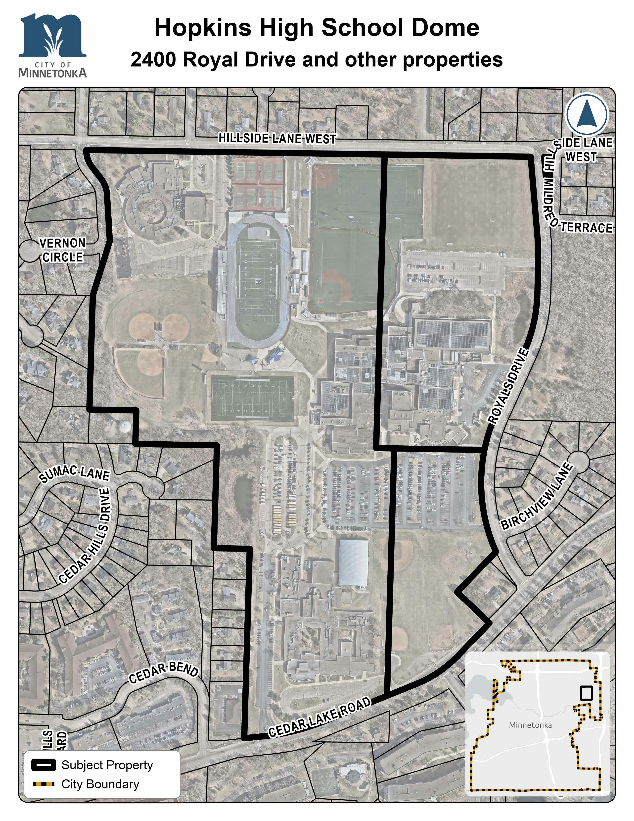 A map showing the Hopkins High School campus and surrounding fields outlined in black, bordered by Hillside Lane West, Cedar Lake Road, and Royals Drive. An inset map shows its location within Minnetonka.