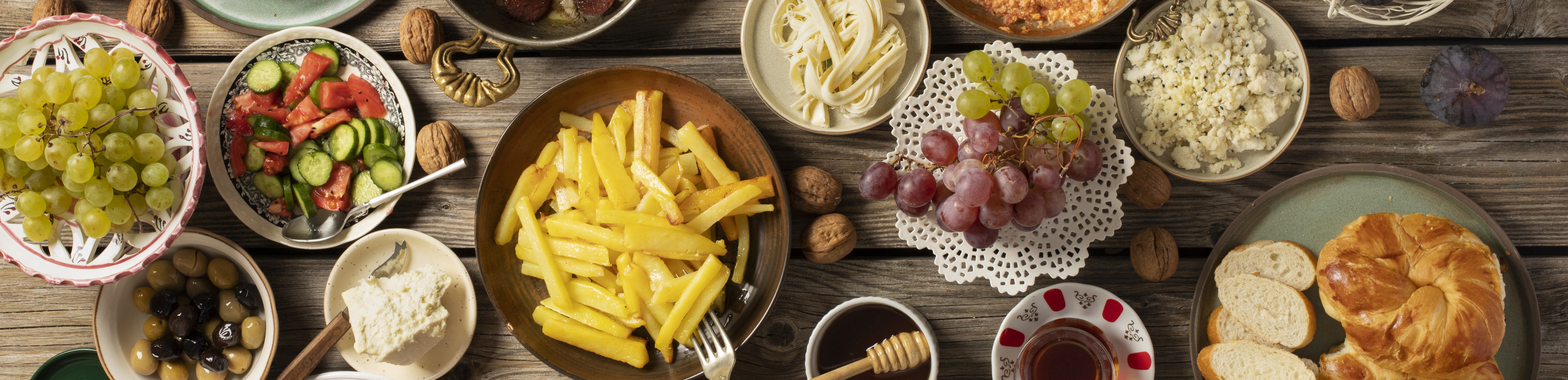 Aerial view of a table with plates of food