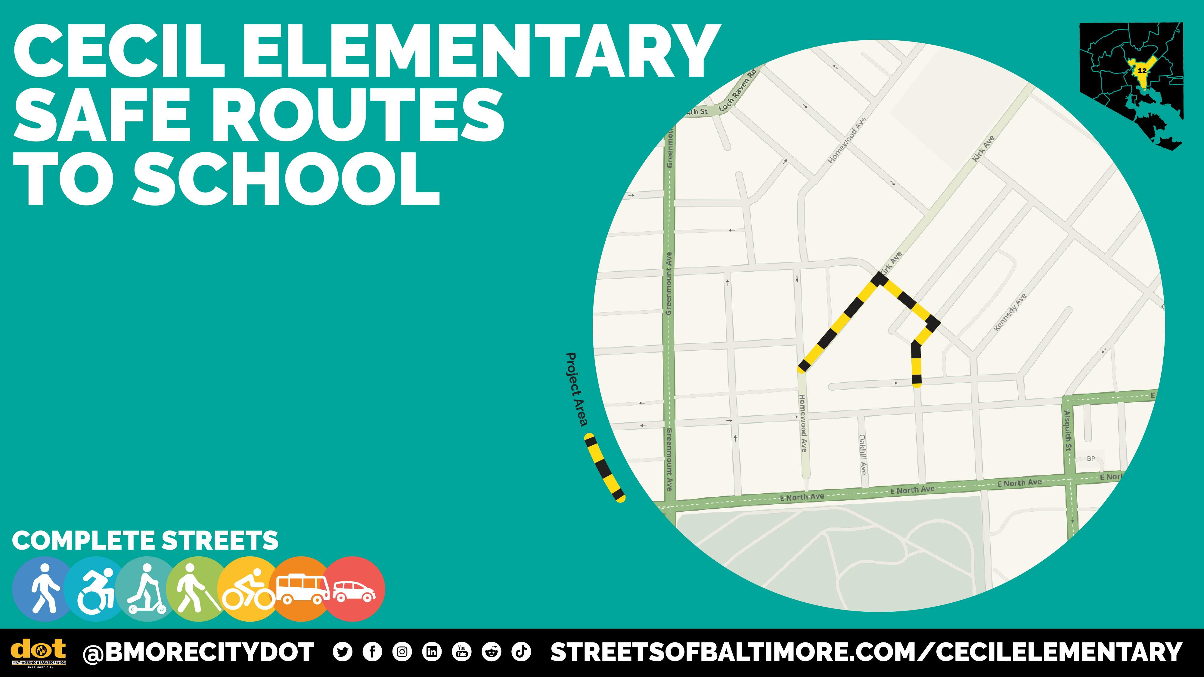 Promotional graphic for the Cecil Elementary Safe Routes to School project in Baltimore, featuring a map with highlighted ped