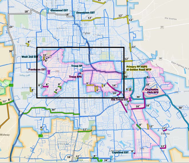 Map showing the area where the new elevated storage tank will improve water distribution in Tyler, Texas.