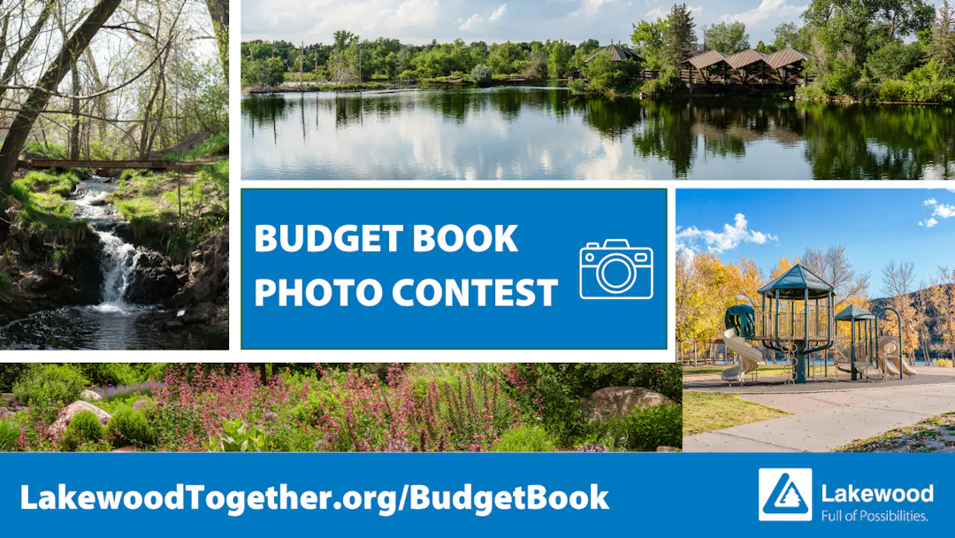 Collage of scenic images with text reading Budget Book Photo Contest and a cartoon camera