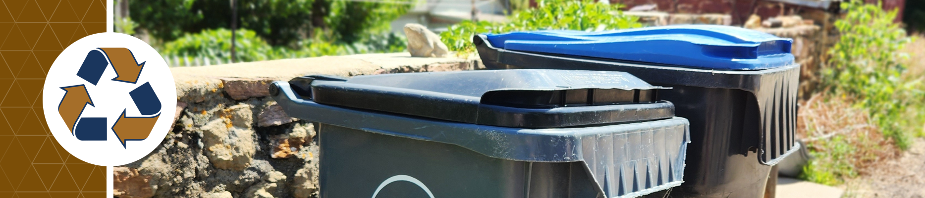 Recycling and trash bin side by side, with a recycling icon to the side.
