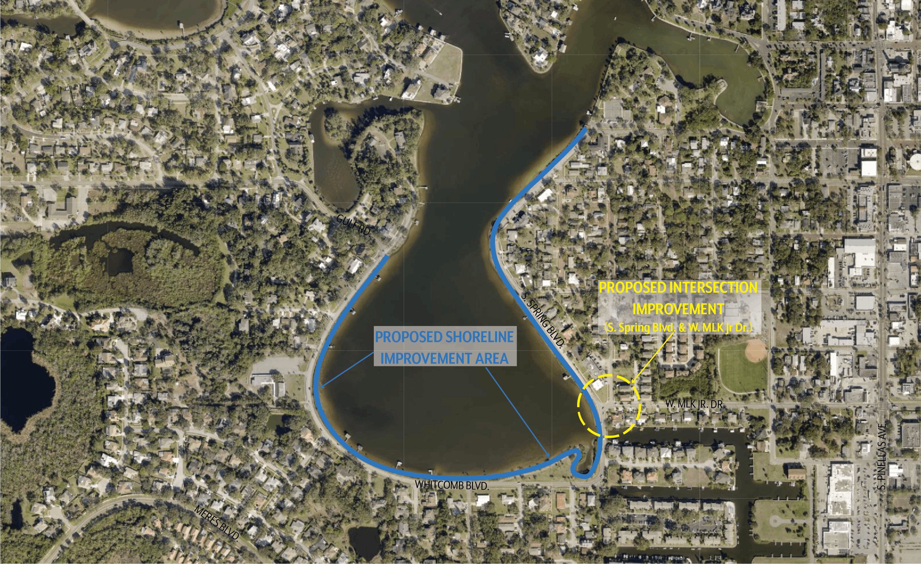 Map of Whitcomb Bayou showing the extent of the shoreline improvement project. The project limits extend from Craig Park to Gulf Road. The map also shows the location of the proposed intersection improvement at S. Spring Blvd. and W. MLK Jr. Dr.