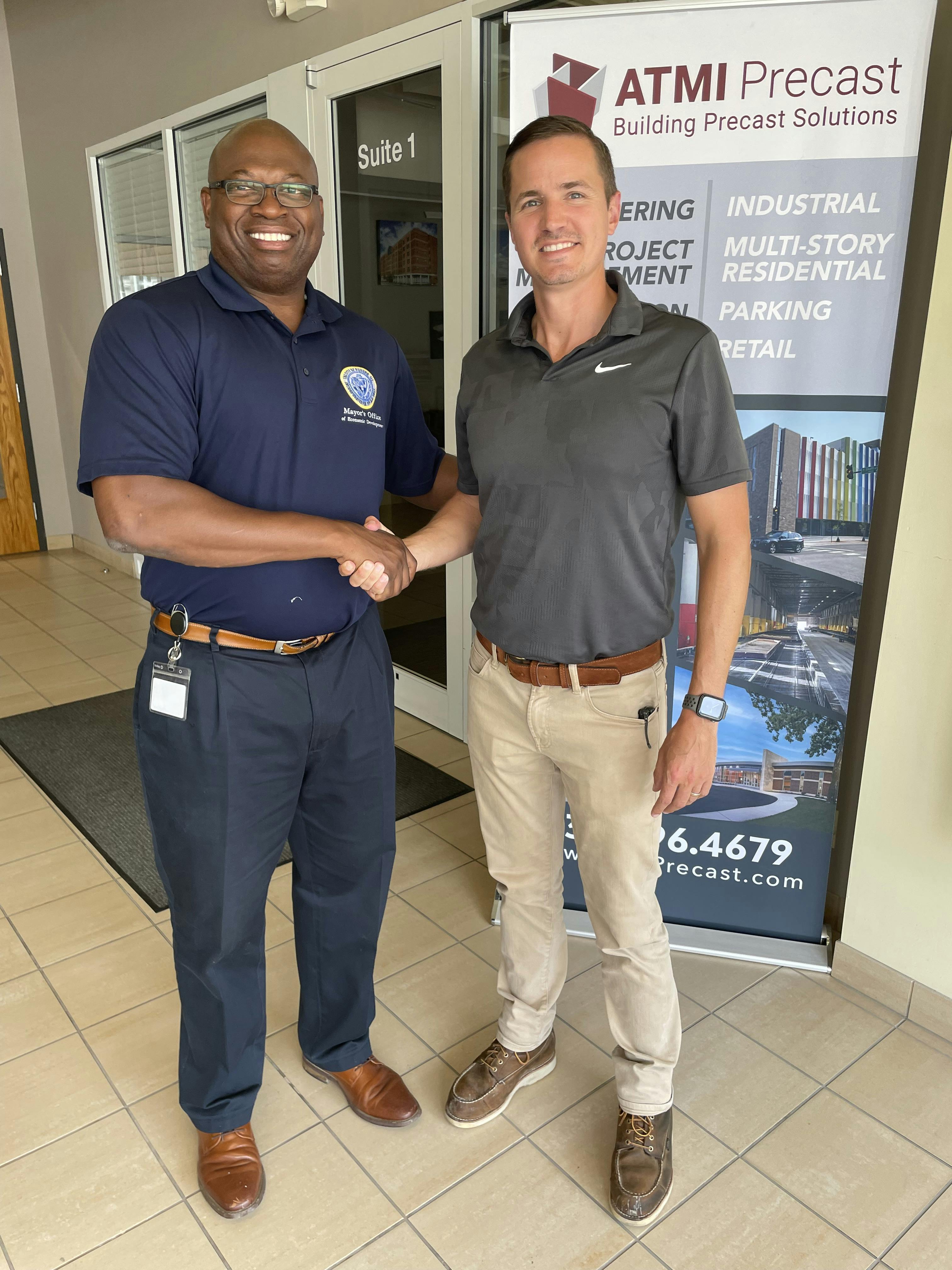 Dr. Campbell, the Economic Development Coordinator with the Mayor's Office of Economic Development, meets with Jake Armbruster, the Operations Manager of ATMI, that bid on and was awarded the contract for the new casino site.