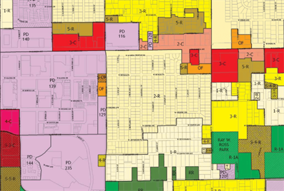 A zoning map featuring different colors indicating different zoning classifications