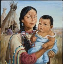 	Portrait of a woman holding child to her left side. He is wrapped in blue. She wears a maroon shirt under tan shawl. Hair in ponytail with red, blue, white tie and beaded tassels. Prairie and tepees with two figures in background