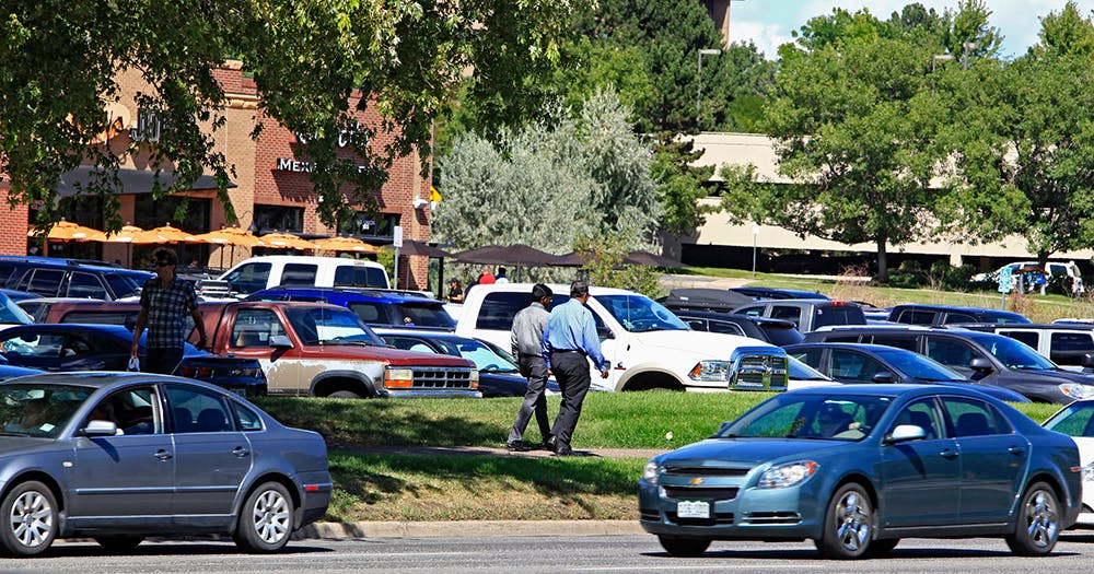 Area employees walk to lunch on Union Boulevard.
