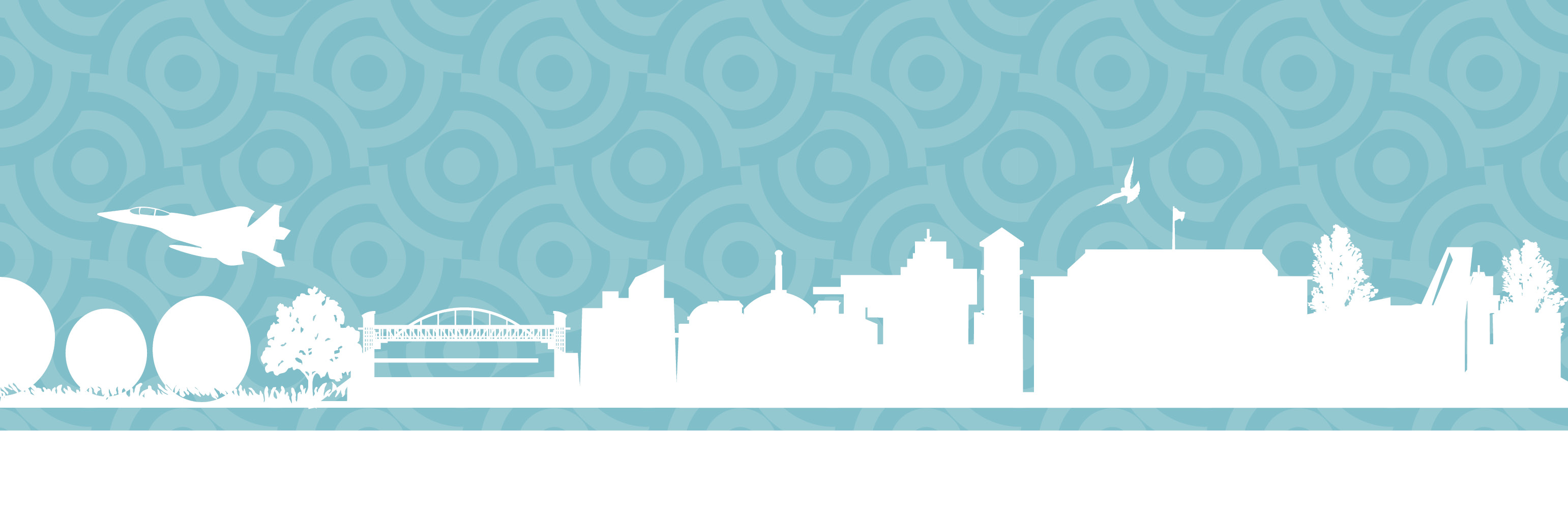 Illustrative image of cityscape showing notable structures in Aurora with white buildings and blue background