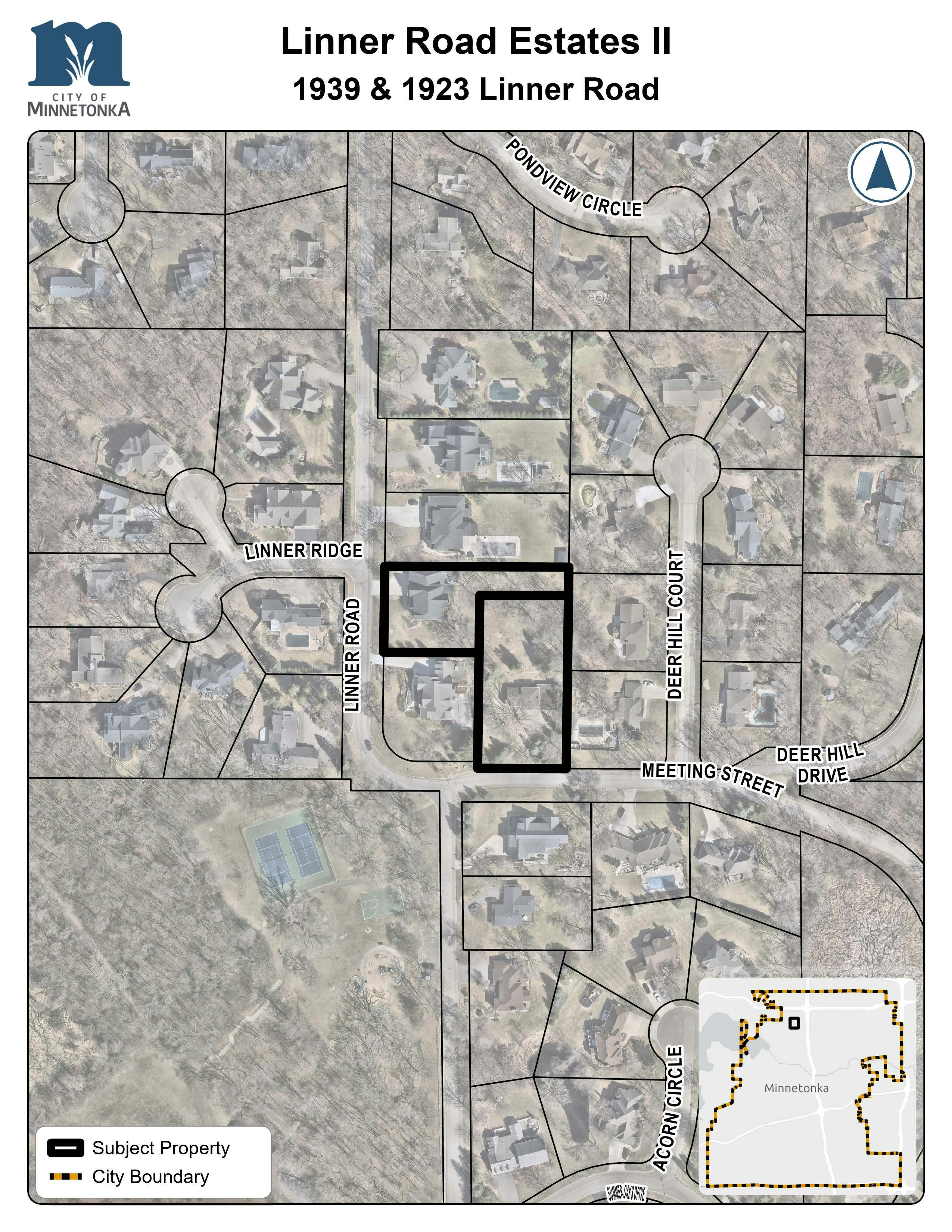 A map showing the subject properties outlined in black at 1939 and 1923 Linner Road in Minnetonka. The parcels are along Linner Road near Linner Ridge. A small inset map shows their location within the city boundary.