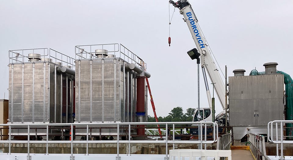 Aerator 4, at left, is in service. The old Aerator 2 has been demolished and removed in preparation for a new aerator.