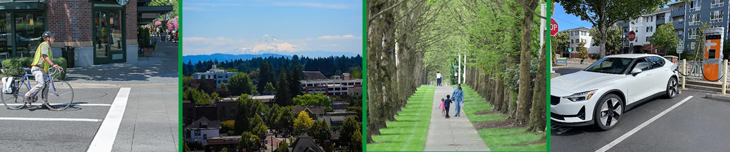 bicycle commuter, view of Mount Hood over Hillsboro, tree-lined walkway, an electric vehicle charging