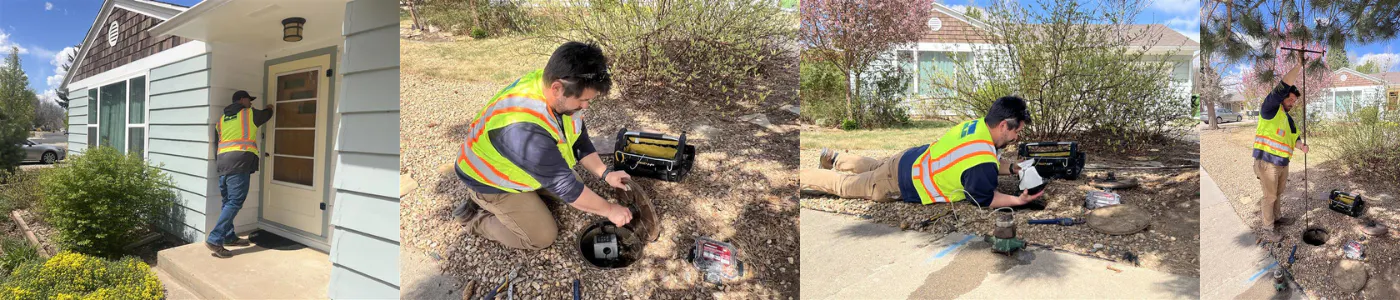 A series of 4 photos shows a City of Loveland Utilities water meter technician knocking on a door and installing an AMI meter