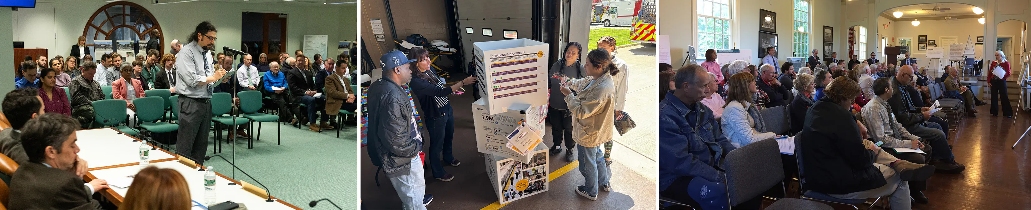 Photos showing different types of public participation, including a NJTPA Board Meeting, pop-up outreach and project meeting