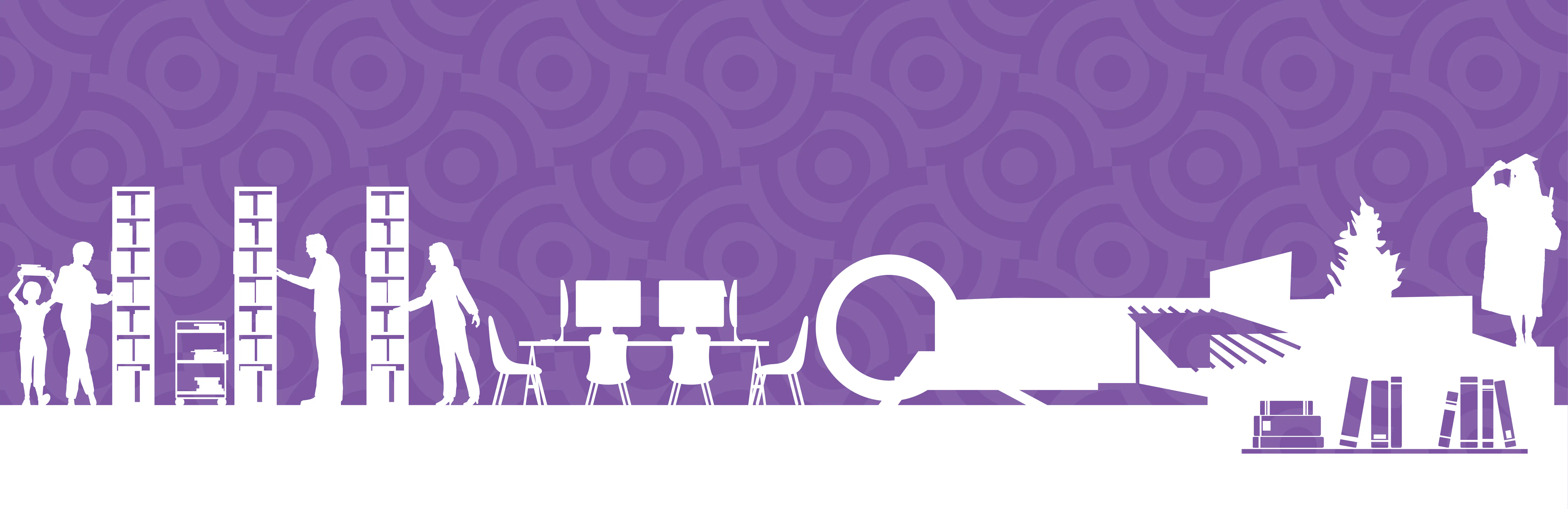 Graphic with icons showing different library services, such as books, computers and learning spaces