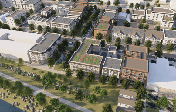 This new neighborhood center will have a mix of housing, workplaces, and shops focused around public spaces.