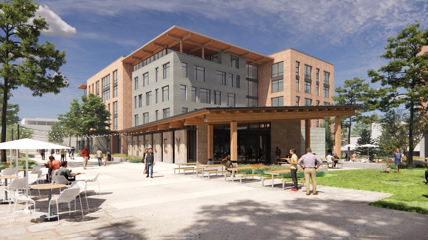 Civic Campus building rendering with patio tables and chairs and walkable plaza.
