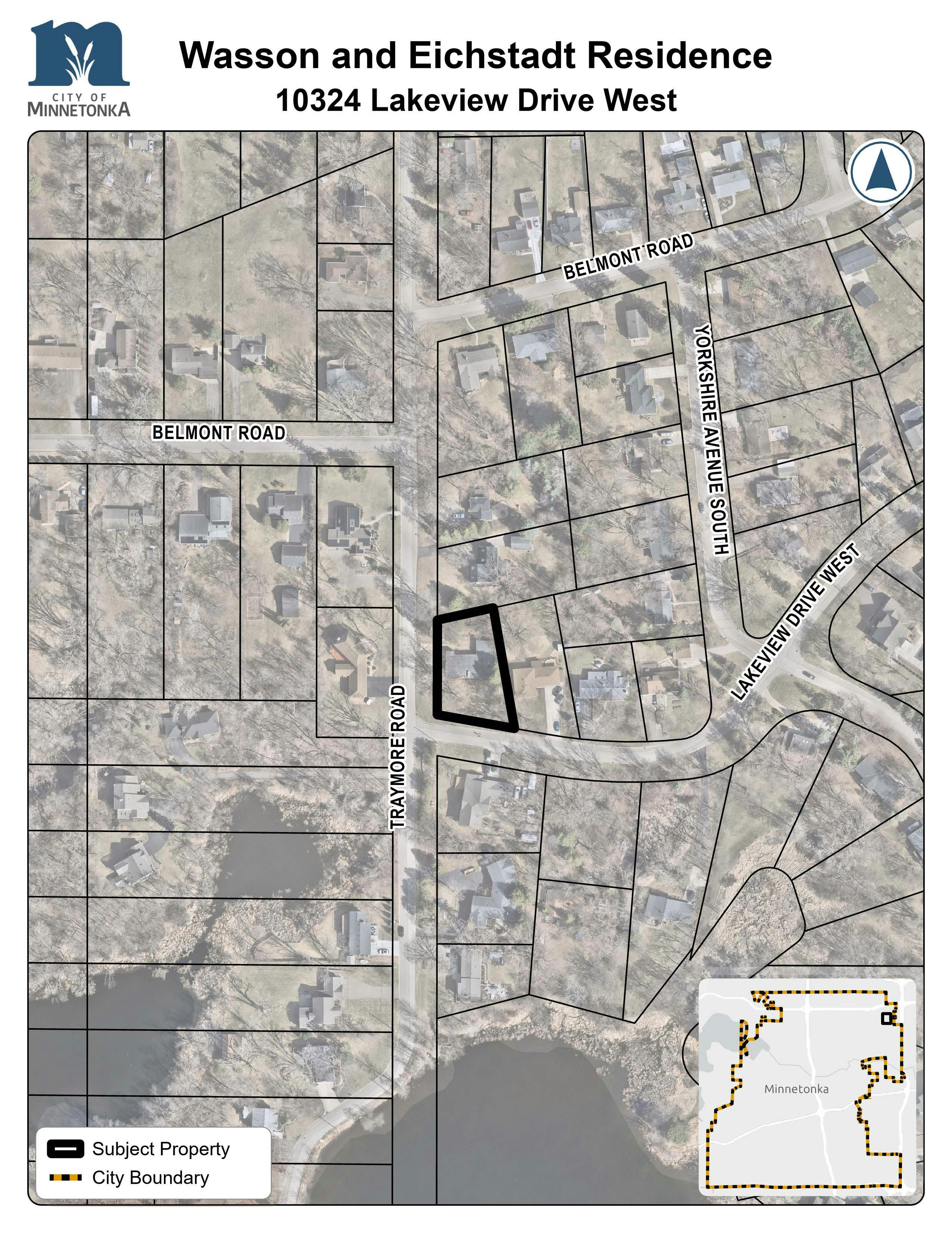 A map showing the subject property outlined in black near the corner of Traymore Road and Lakeview Drive West, with nearby streets including Belmont Road and Yorkshire Avenue South.