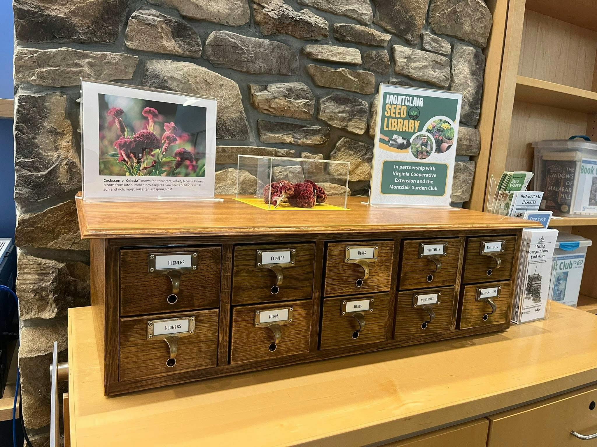 Library card catalog cabinet with seed library signs