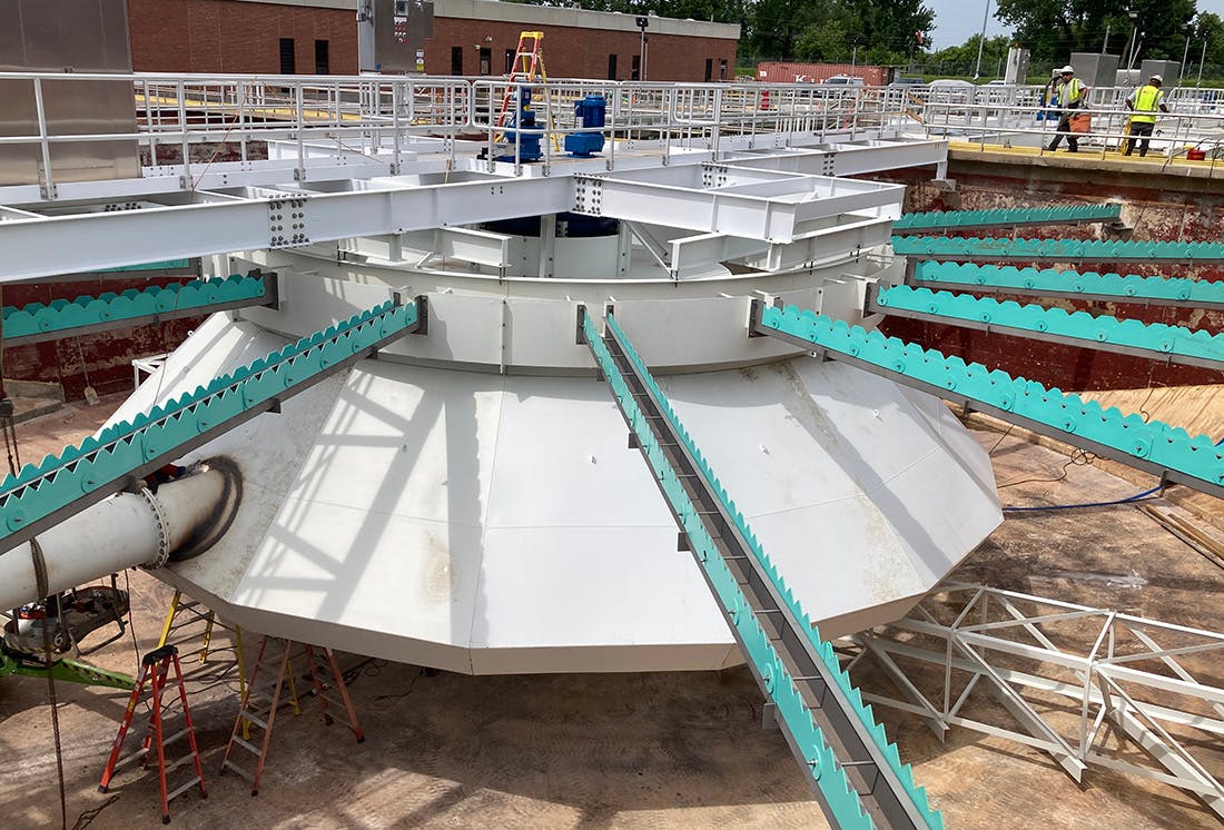 Mechanical work and piping on the clarifier in Primary Basin 2 is nearly complete.