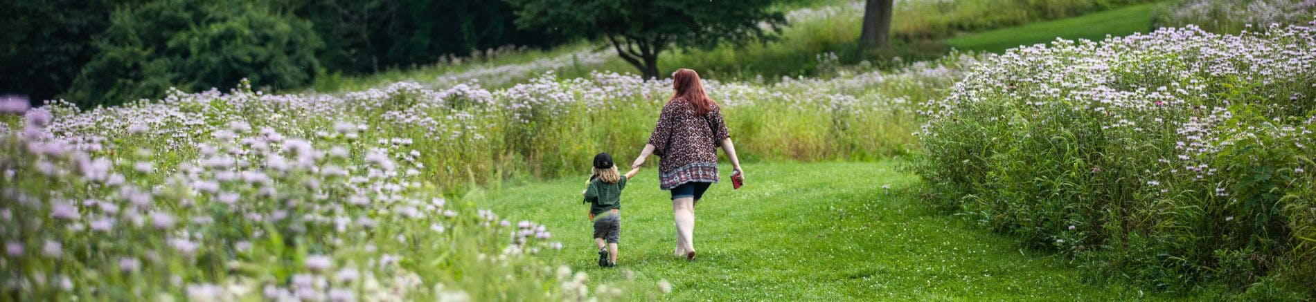 Mother and child walk hand in hand through the Boyce Park meadow
