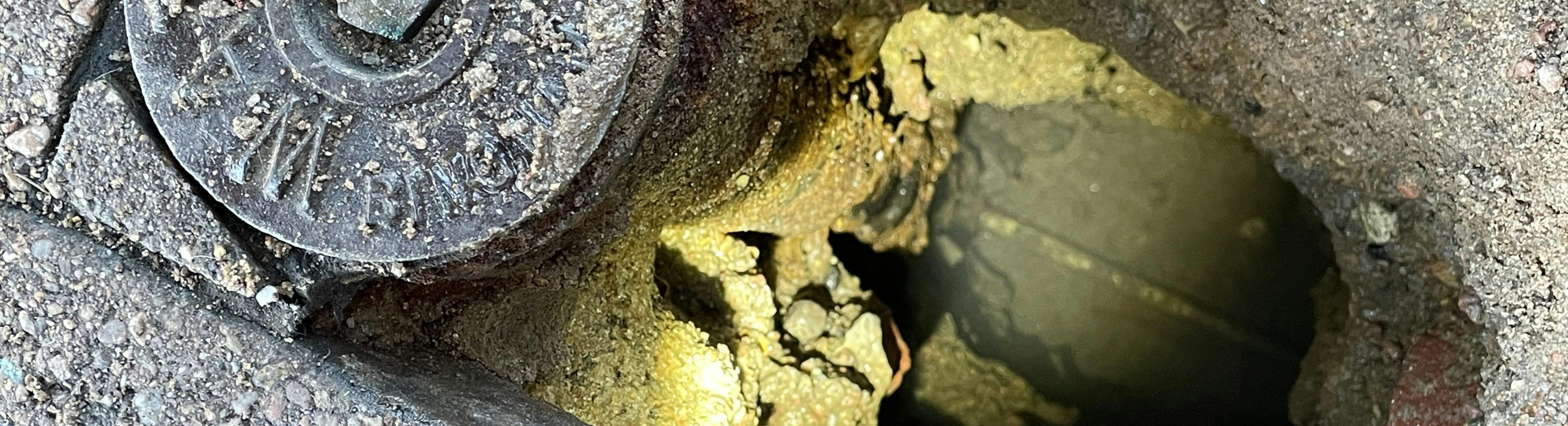 Closeup of a water service line at the bottom of a hole in ground.