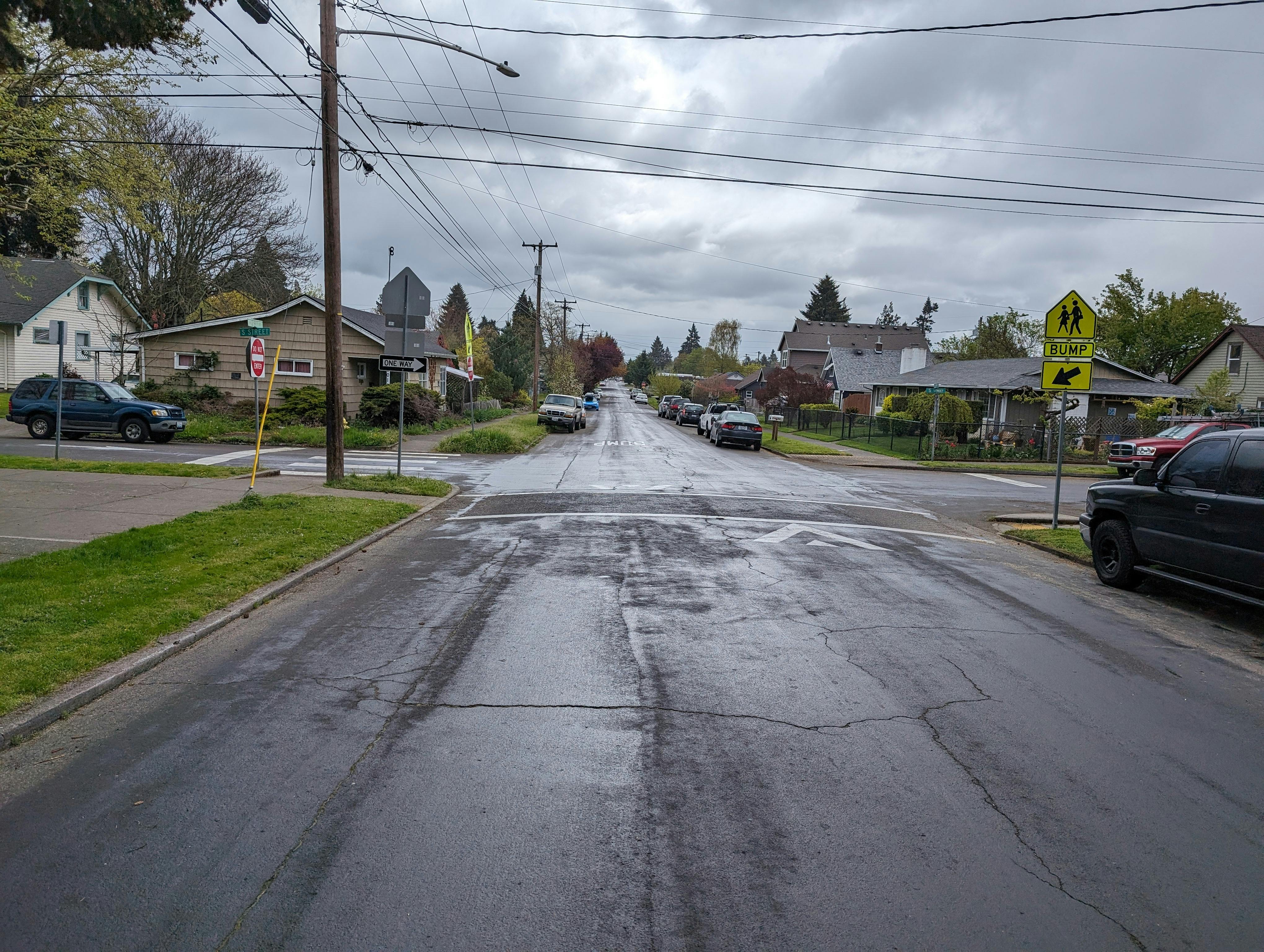 A raised crosswalk at S Street helps slow traffic for students crossing 29th Street.