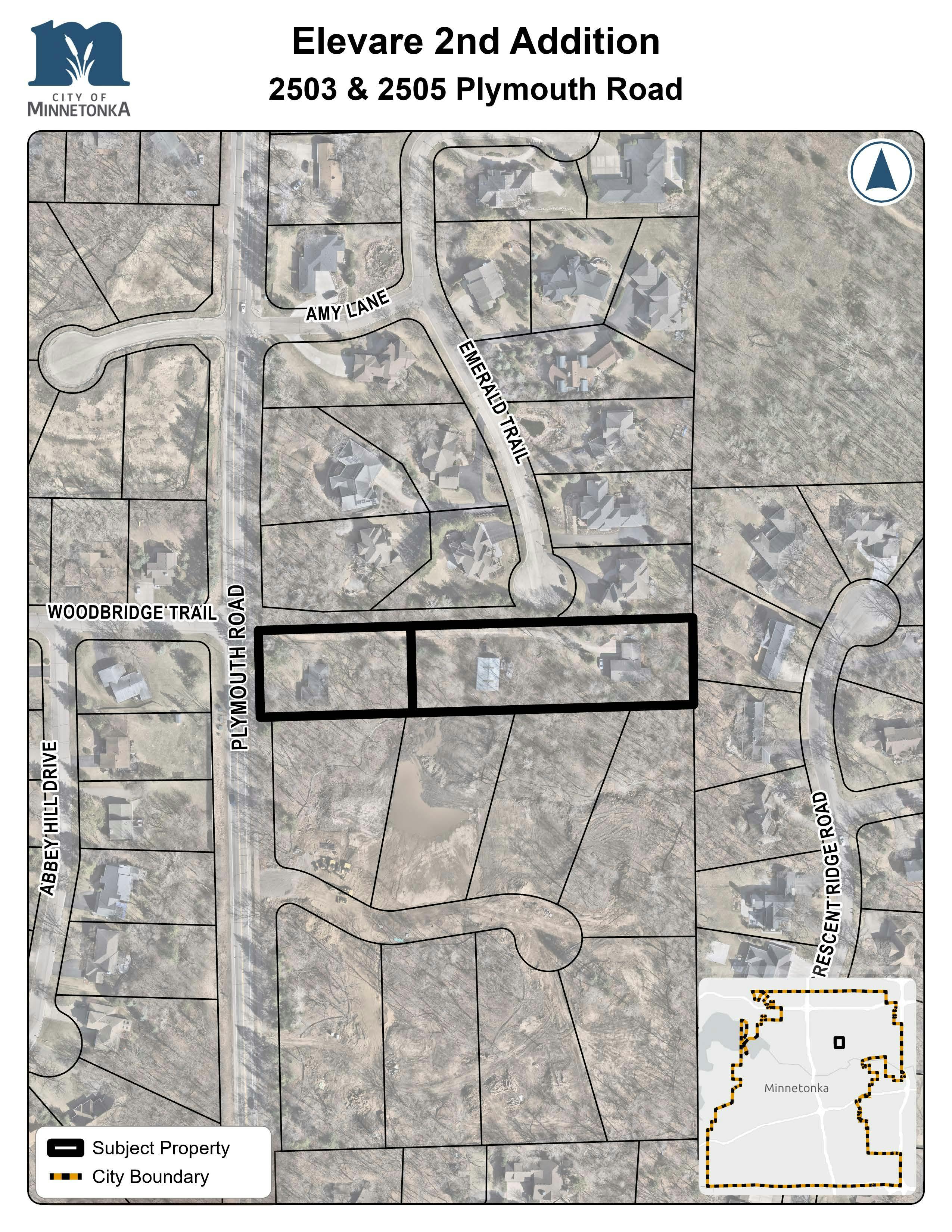 Map showing the subject property outlined in black at 2503 and 2505 Plymouth Road in Minnetonka, located between Plymouth Road and Emerald Trail