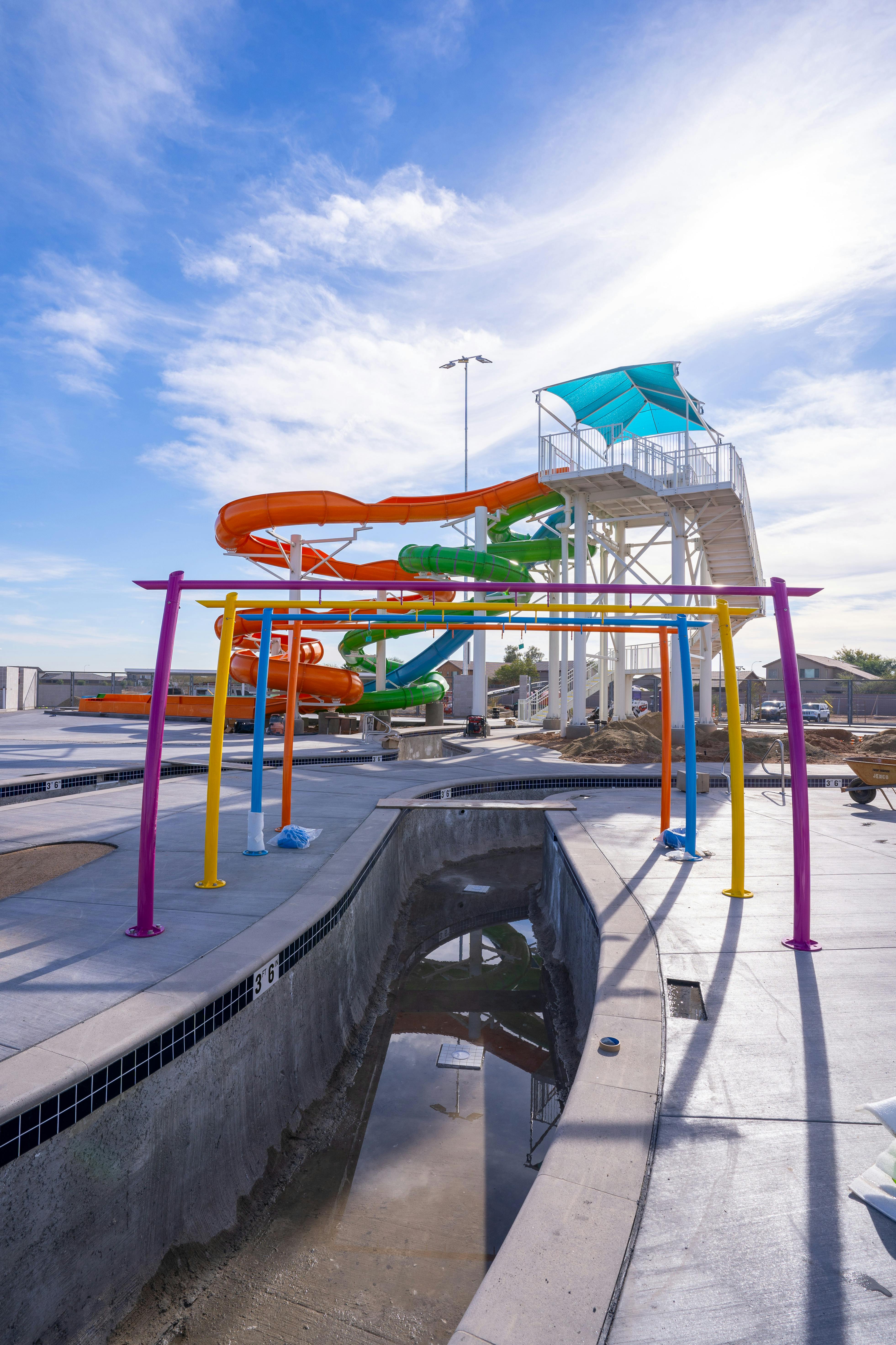 Dumping buckets, lazy river, and water slides