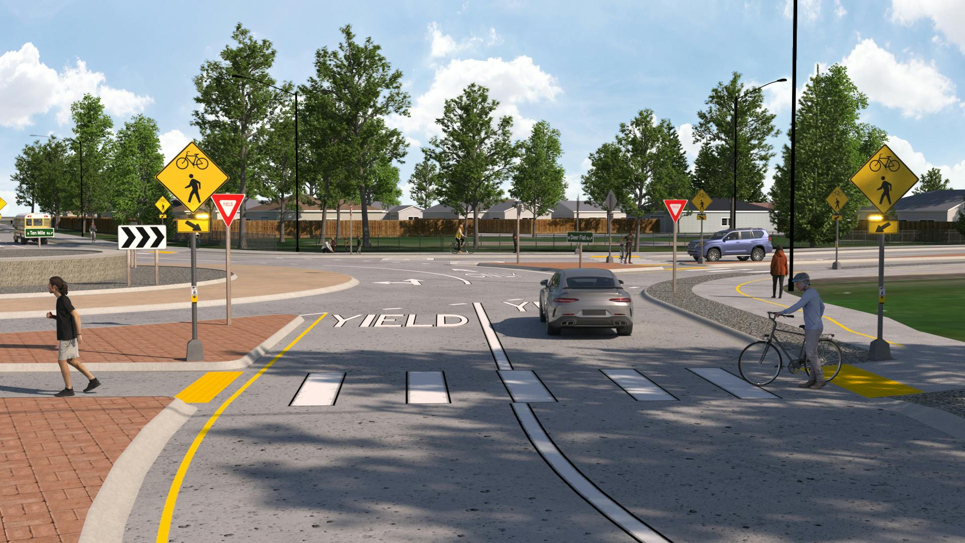 Ten Mile and Deer Flat Roundabout Rendering Driver View at crosswalk with RRFBs