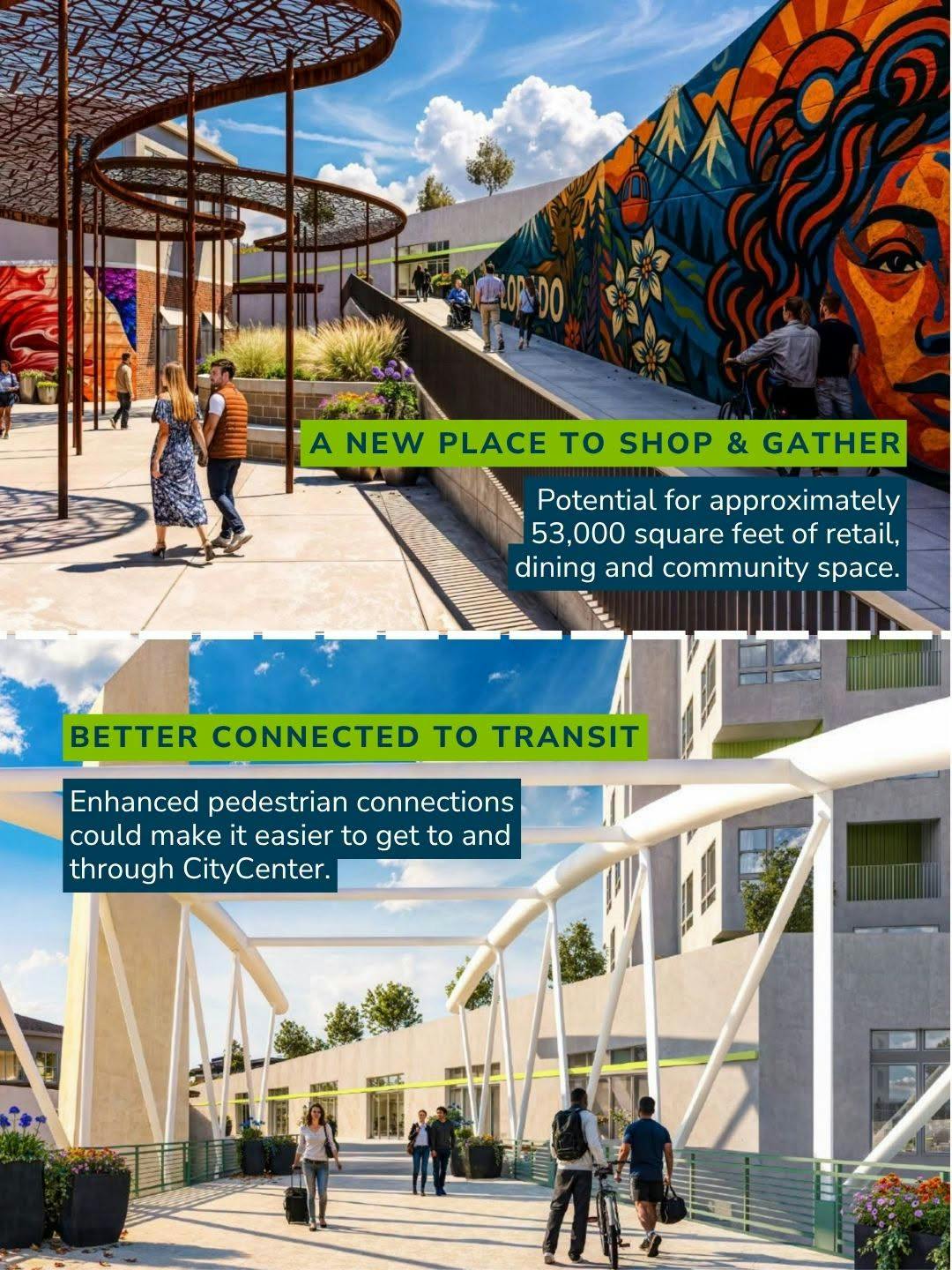 Conceptual rendering showing potential retail, dining, community space and pedestrian connections to transit.