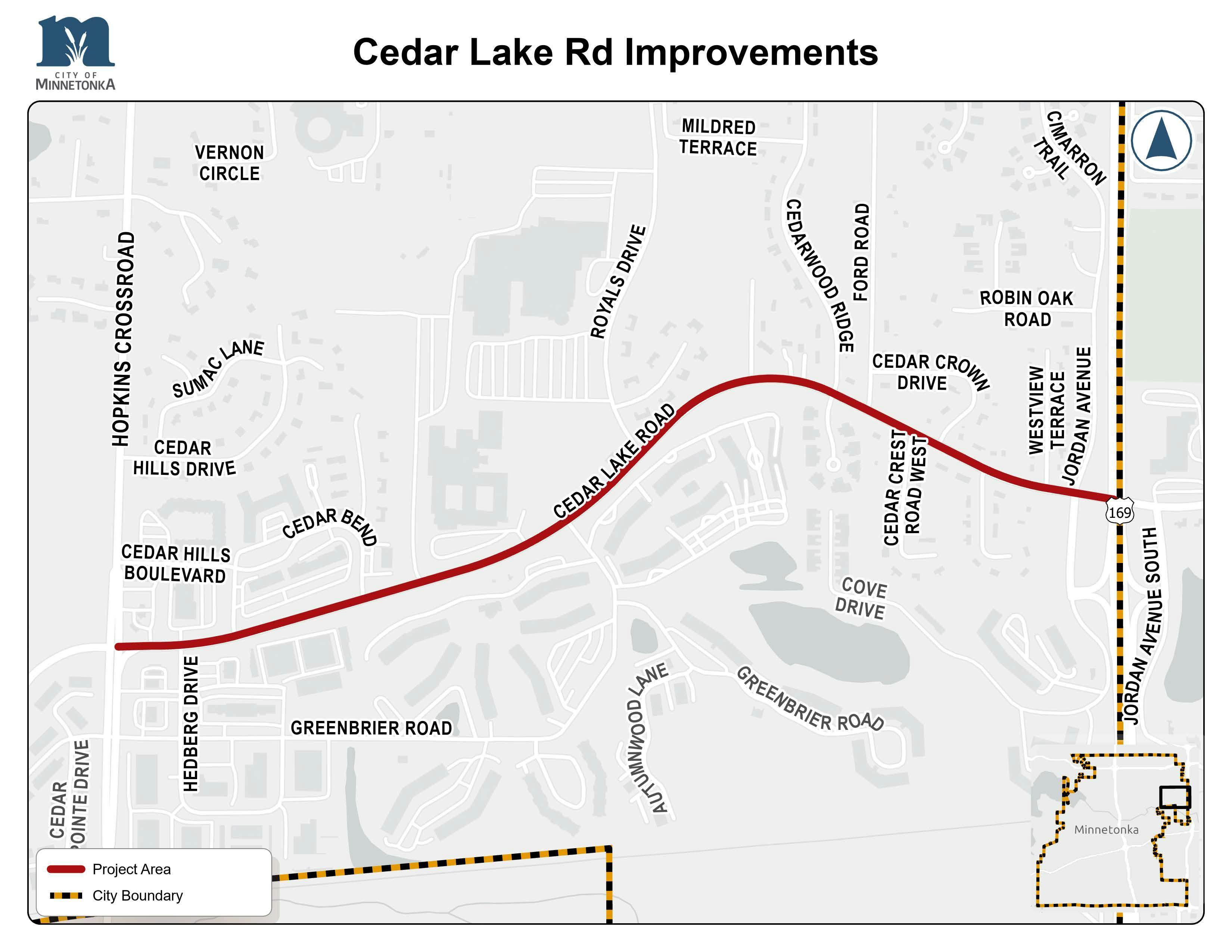 Map showing the Cedar Lake Road improvements project area stretching from Hopkins Crossroad to Jordan Avenue in Minnetonka, highlighted by a red line