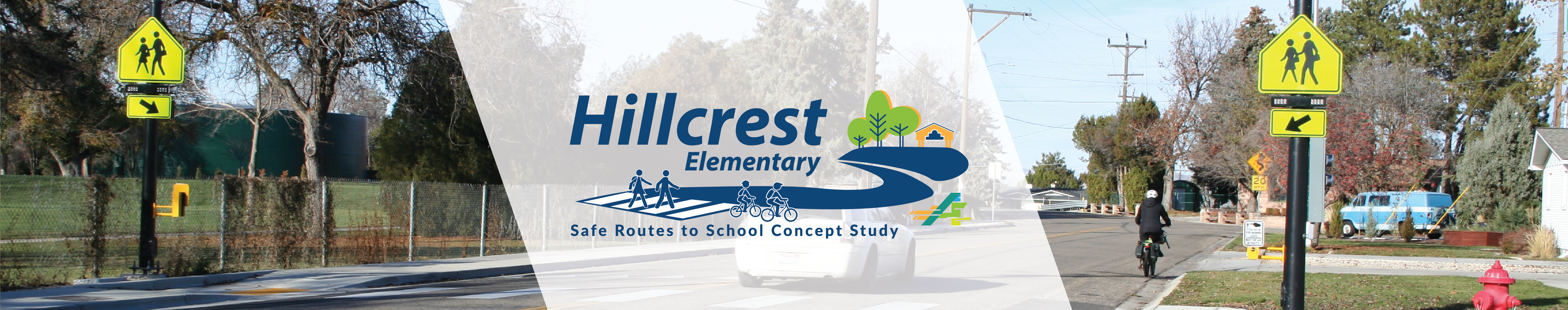Hillcrest Elementary Safe Routes to School Study logo overlaid on image of street with only sidewalks on one side.