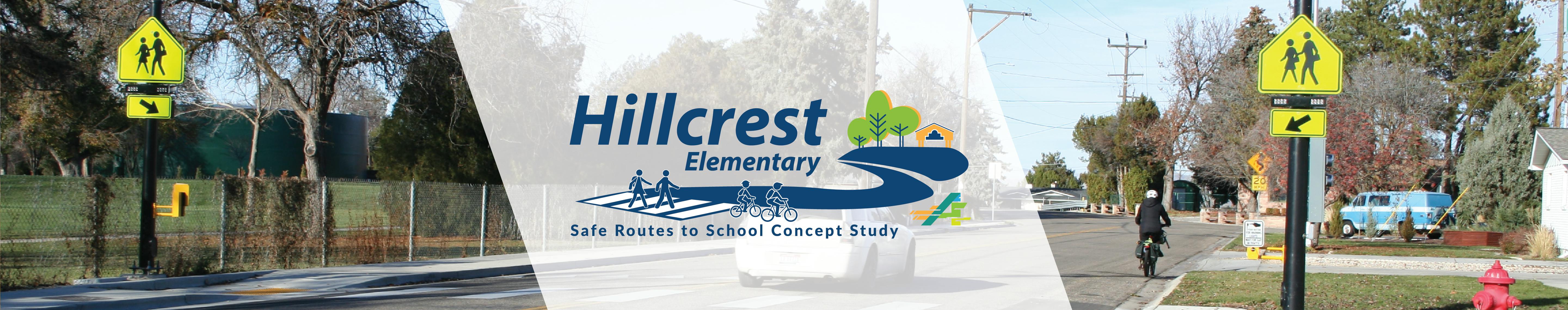 Hillcrest Elementary Safe Routes to School Study logo overlaid on image of street with only sidewalks on one side.