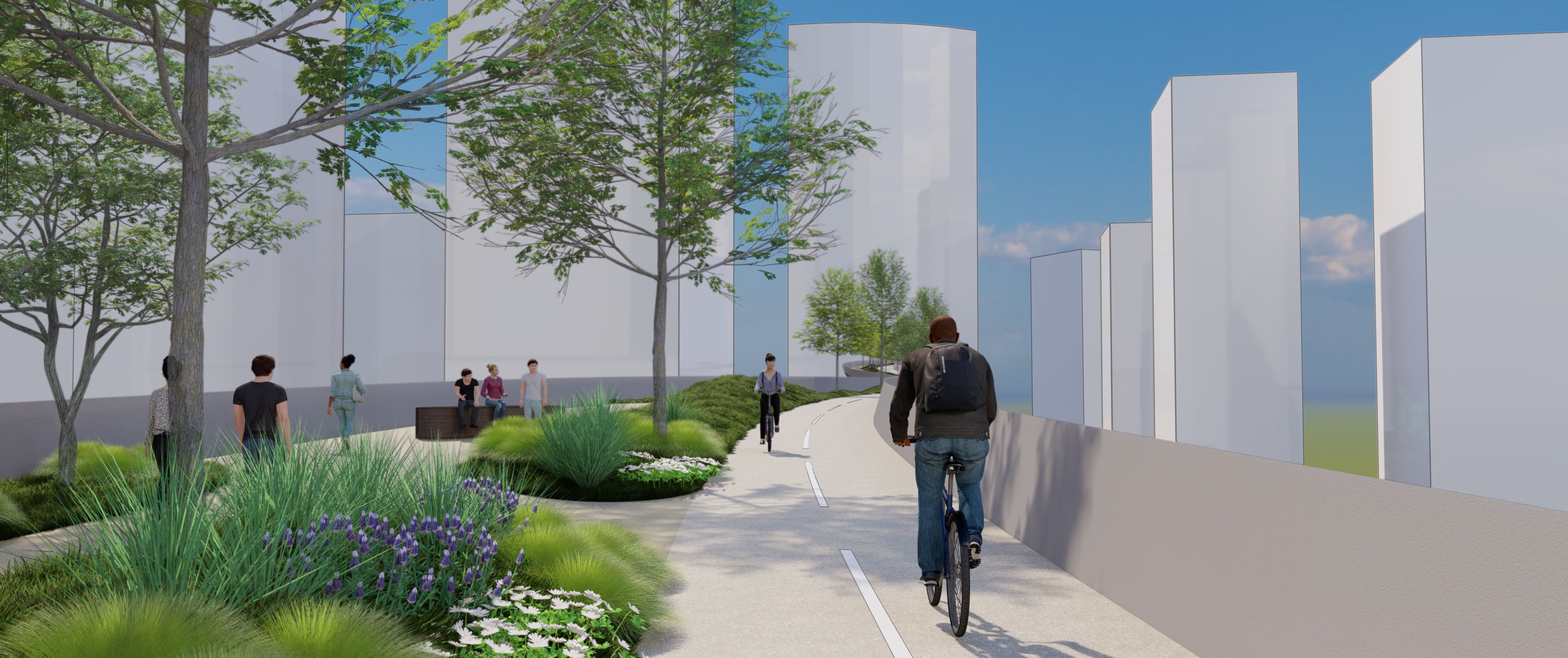 people biking and walking on a bridge with trees and buildings