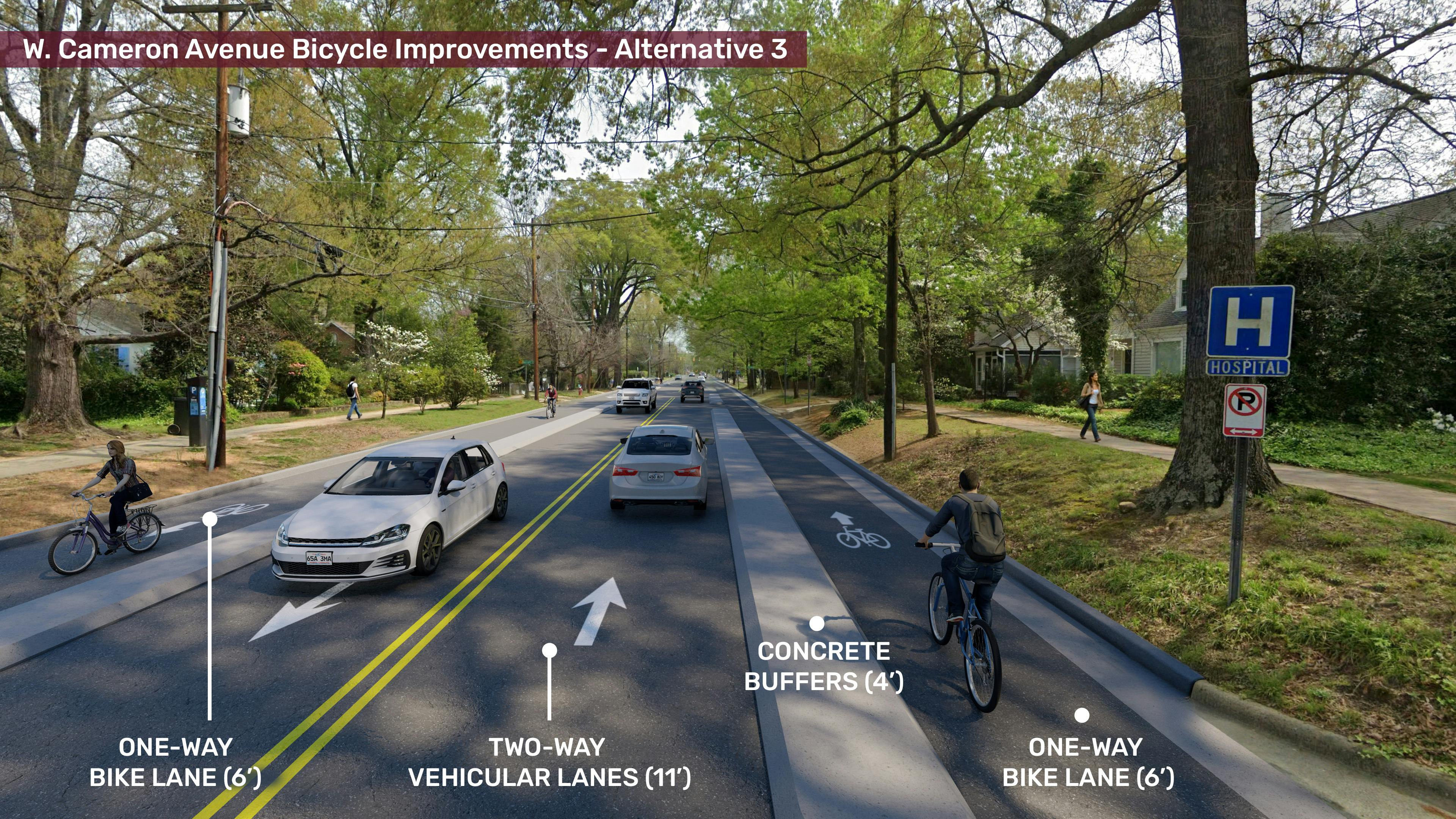 Image showing Alternative 3 for the W Cameron Ave Bike Improvements Project. Alternative 3 is a protected bike lane on both sides of W Cameron Ave going in each directioneron Ave