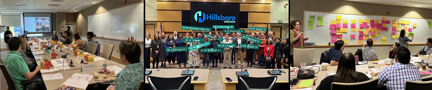 Members of the Civic Leadership Academy hold Hillsboro street signs with their names & interact during a workshop