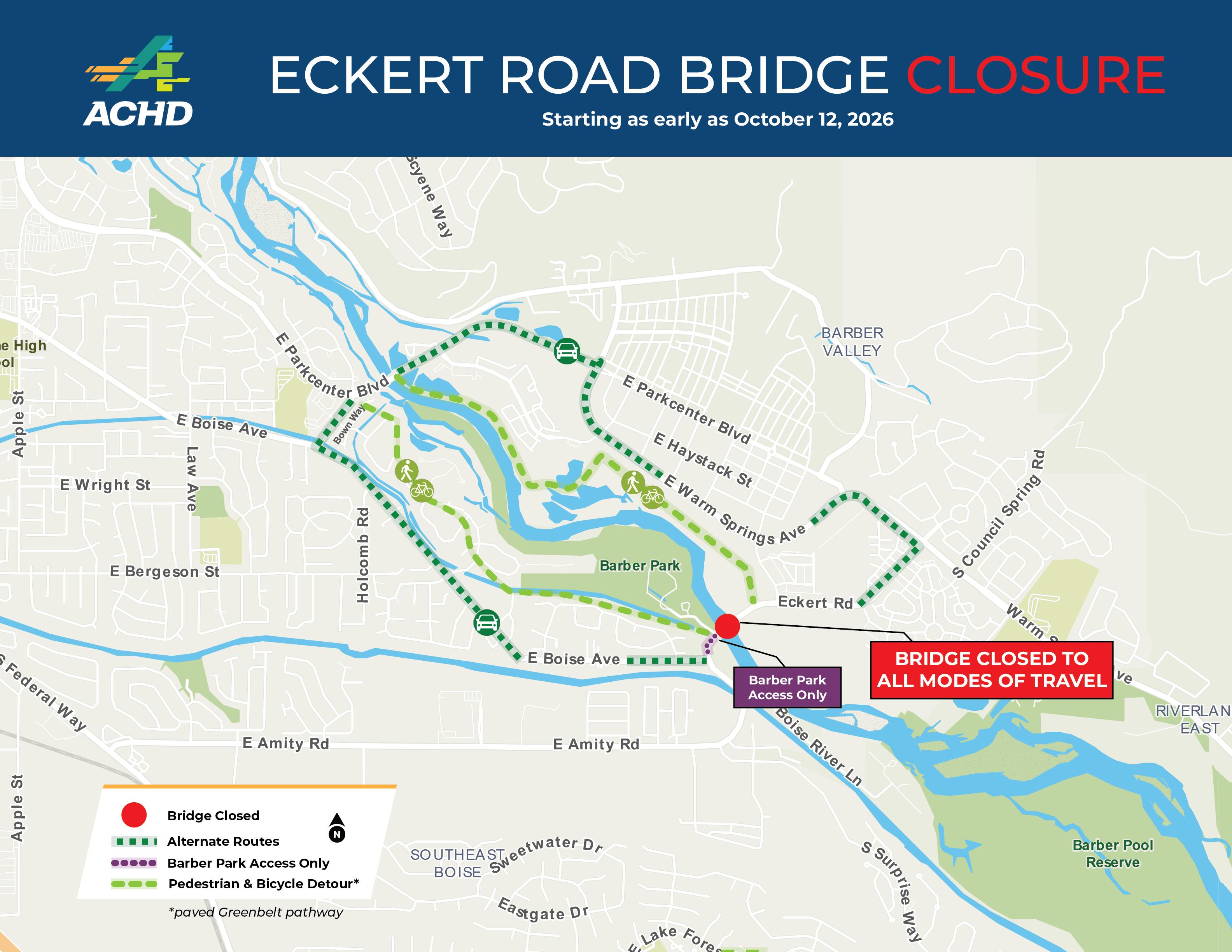 Eckert Bridge Closure Detour Map Oct 2026 - Detour starting as early as October 12, 2026. Vehicle detour includes Boise Avenue, Bown Way, Parkcenter Blvd, and Warm Springs Ave.  Pedestrian and bicyclist detour is the paved Greenbelt Pathway.