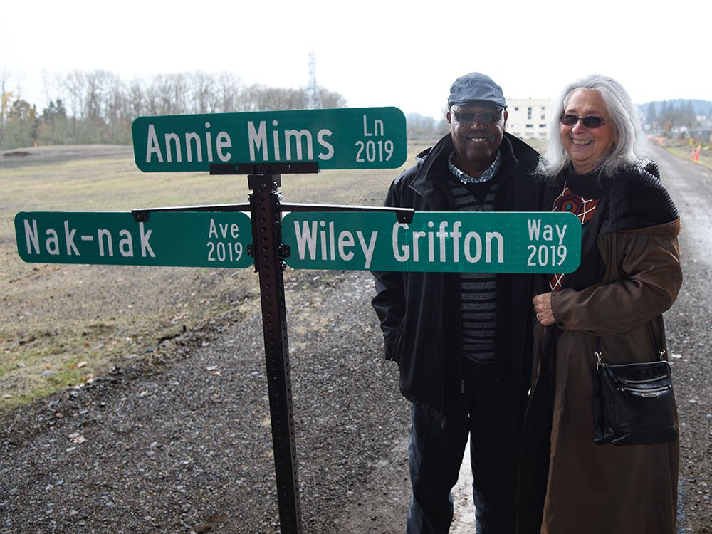 Willie Mims, son of Annie Mims, and his wife Sally Mims attended the ceremony to see the unveiling of a street named in Annie Mims honor. 