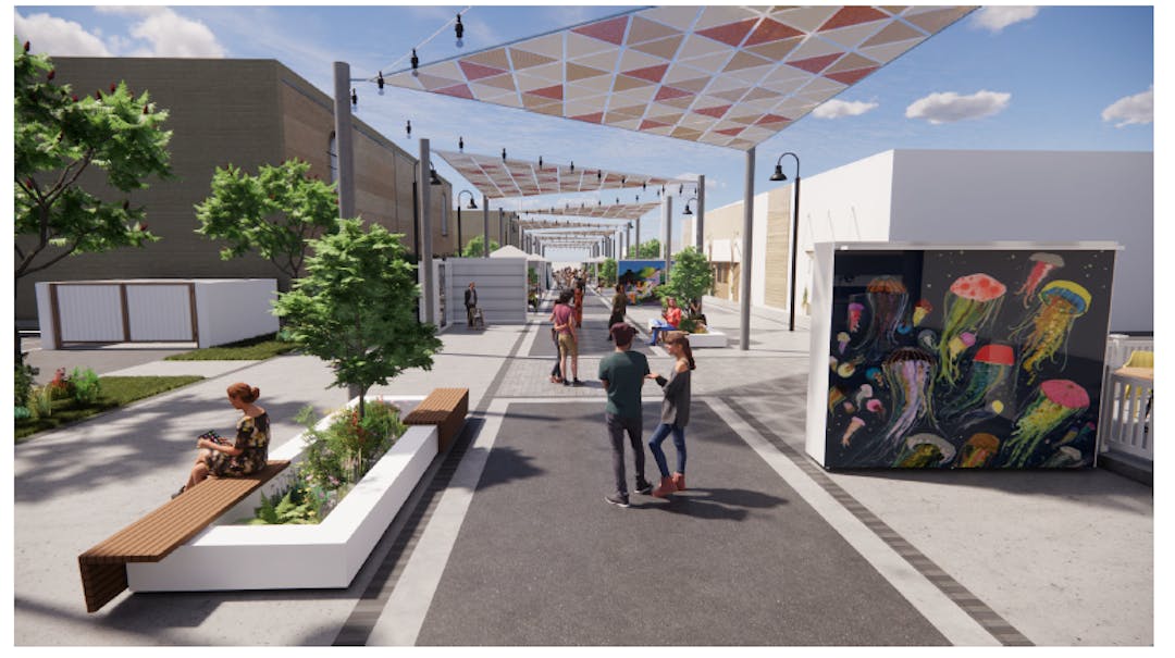 Conceptual rendering of Railroad Square with people, art and shade.