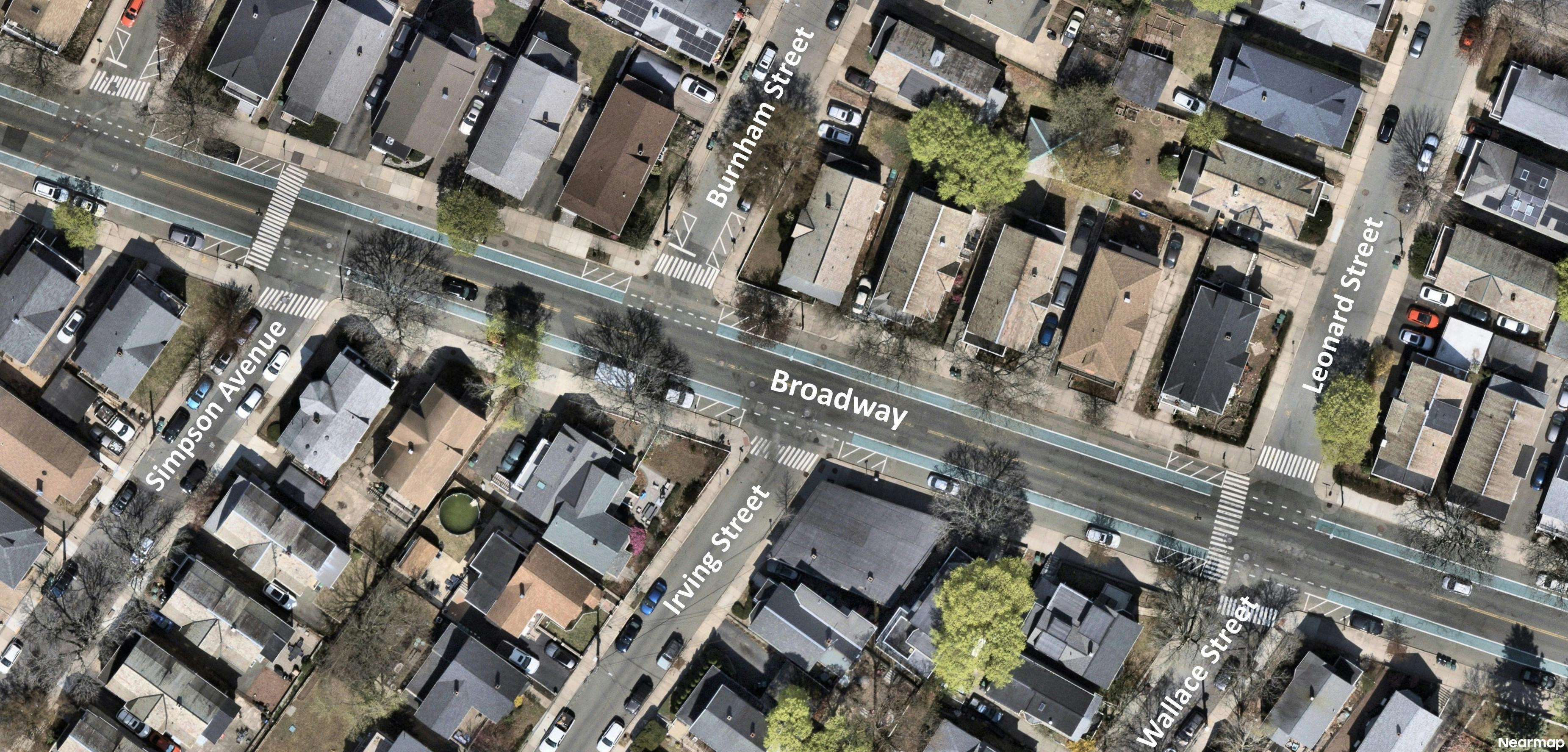 Aerial map of Broadway showing intersections with Simpson Avenue, Wallace Street and Leonard Street