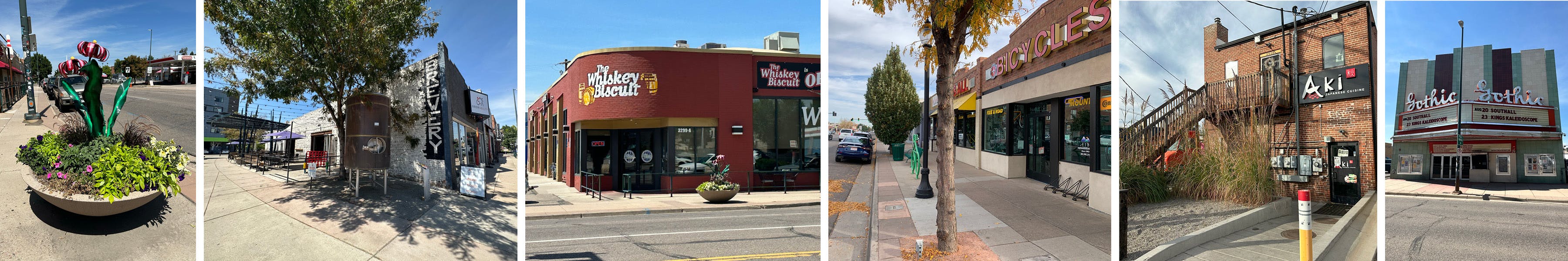 Five images of sidewalks, paseos, and alleys on South Broadway, between Little Dry Creek and Eastman Avenue