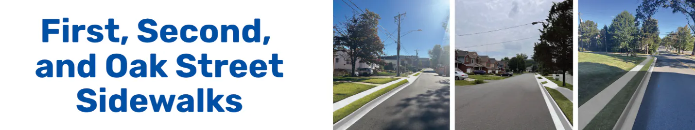 First, Second, and Oak Street Sidewalks. Three photos of streets.